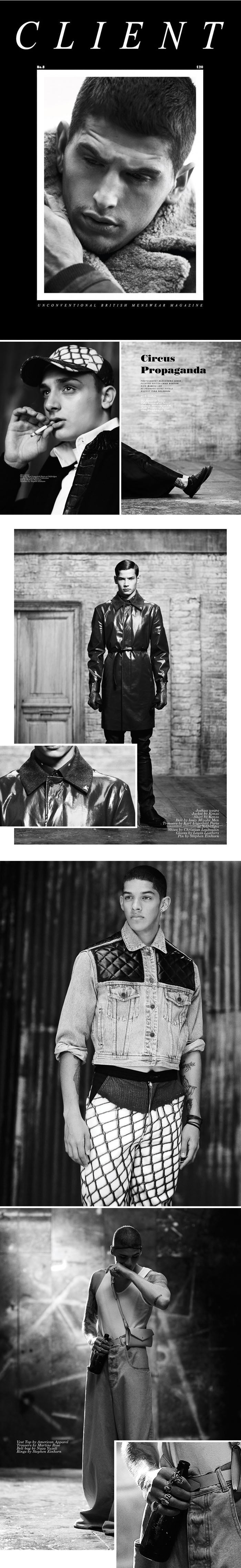 Client magazine cover and black and white menswear spreads with models wearing our silver rings