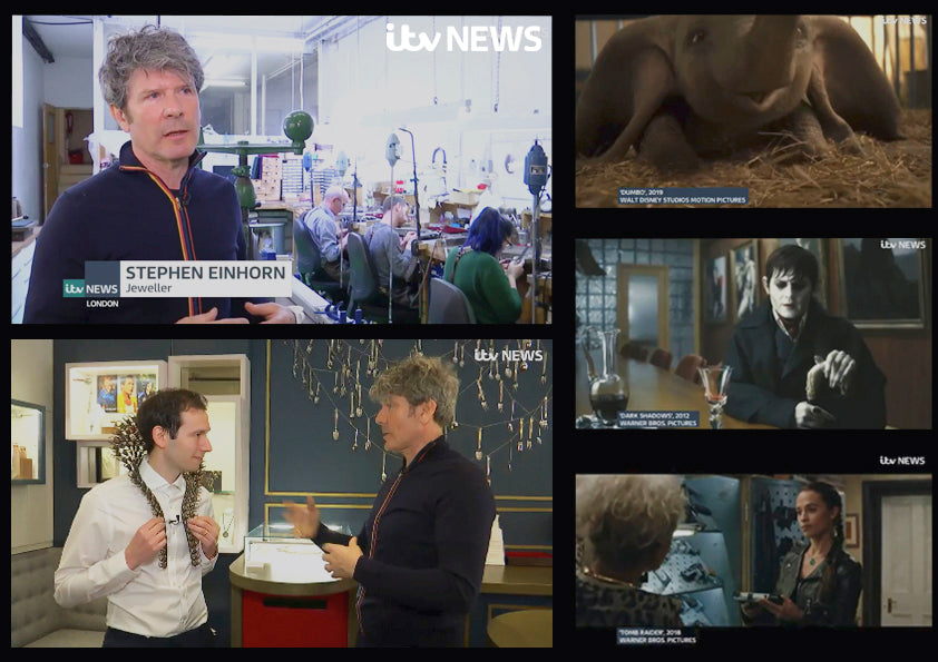 ITV London News stills of Stephen Einhorn in our workshop and shop, with scenes from the films we made pieces for