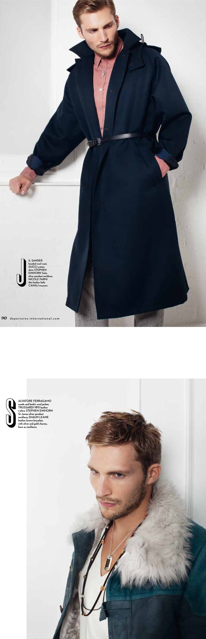 Male model in a navy wool coat and silver pendant necklace, and in a fur-collared jacket, in Departures magazine