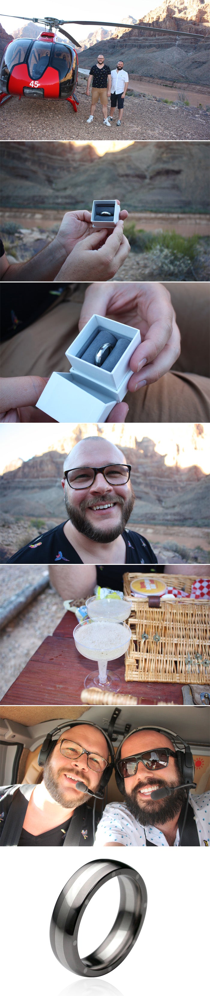 Grand Canyon proposal: two men by a helicopter, a two-tone band in its box, champagne and the finished ring