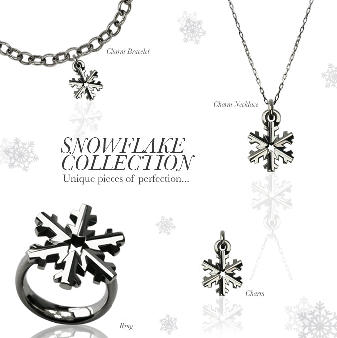 Silver Snowflake collection: a charm bracelet, a charm necklace, a snowflake ring and a single charm