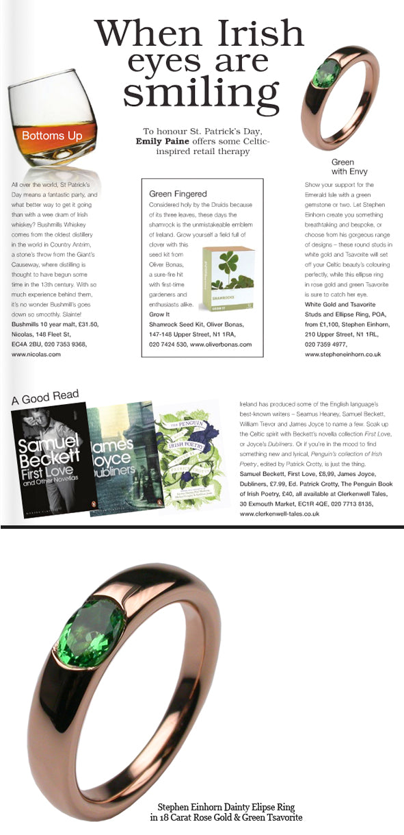 Angel Magazine page featuring a rose gold Dainty Elipse ring set with an oval green tsavorite