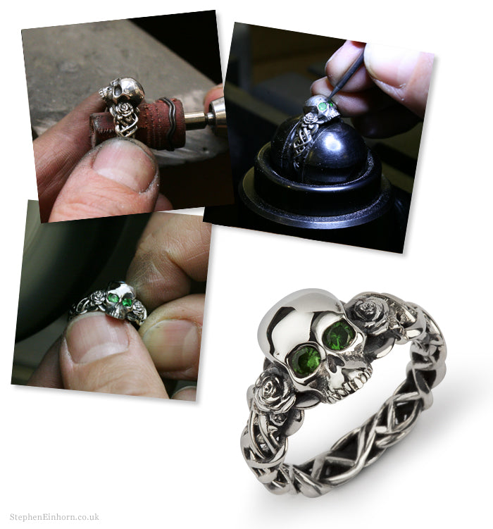 Bespoke Commission: Stephen’s Skull & Rose Wedding Ring In Silver With Green Tsavorite Eyes