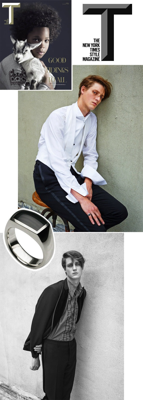 New York Times Style Magazine pages with a model in a white dress shirt wearing the silver and onyx Oxford ring