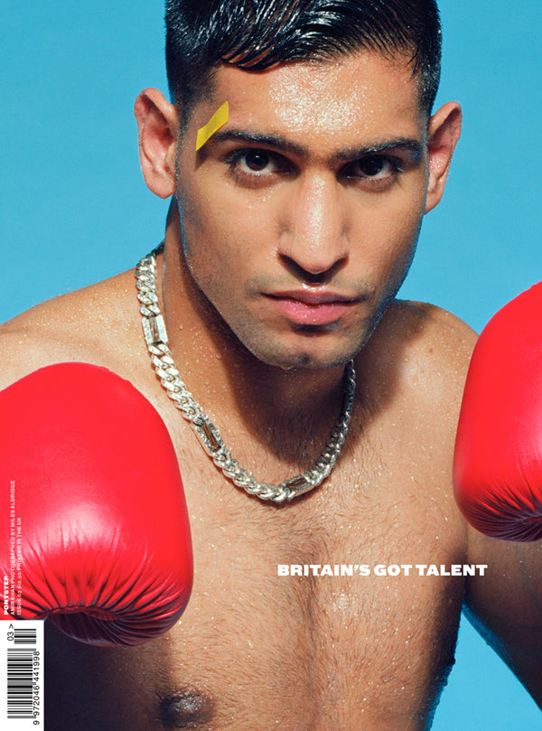 Amir Khan on the Ponystep cover in red boxing gloves wearing a heavy silver curb chain necklace