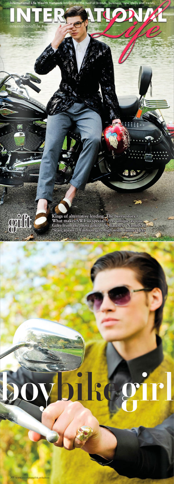 International Life magazine shoot of a male model on a motorbike wearing our gold skull ring with red eyes