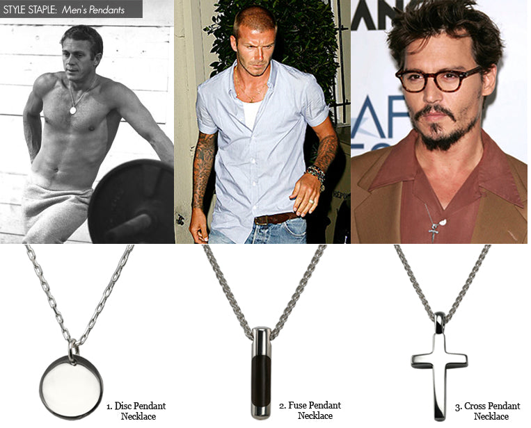 Collage of three men wearing pendants above our silver disc, fuse and cross pendant necklaces