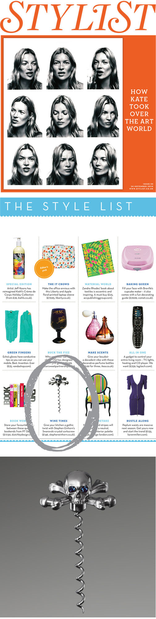 Stylist magazine Style List page featuring the Stephen Einhorn silver skull and crossbones corkscrew with blue crystal eyes