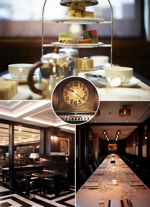The Delaunay restaurant: afternoon tea on a tiered stand, an antique clock, the dark wood dining room and a long table
