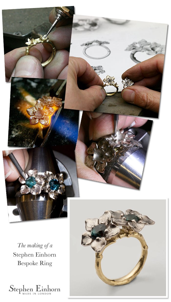 Workshop collage of our bespoke double flower ring, from sketch to finished yellow gold band with blue tourmalines