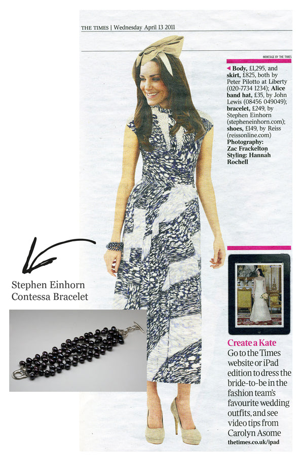 The Times page showing Kate Middleton wearing the Contessa bracelet of dark freshwater pearls, with the bracelet inset