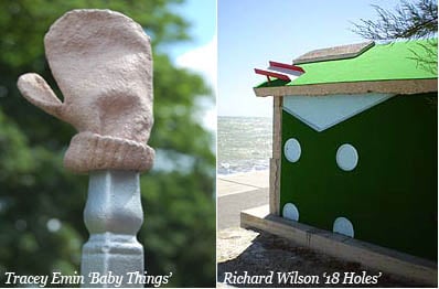 Tracey Emin's 'Baby Things' mitten sculpture on a railing and Richard Wilson's '18 Holes' green beach hut