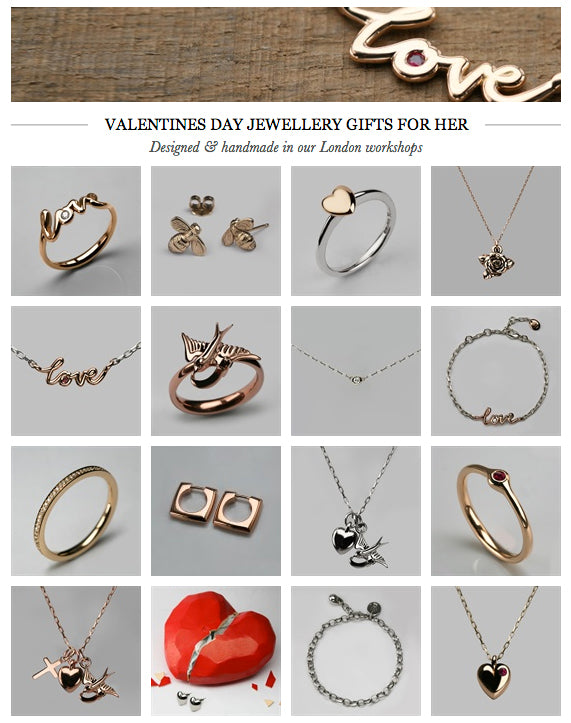 Grid of Valentine's Day gifts for her: love script rings and necklaces, heart pendants, bee studs and a swallow ring
