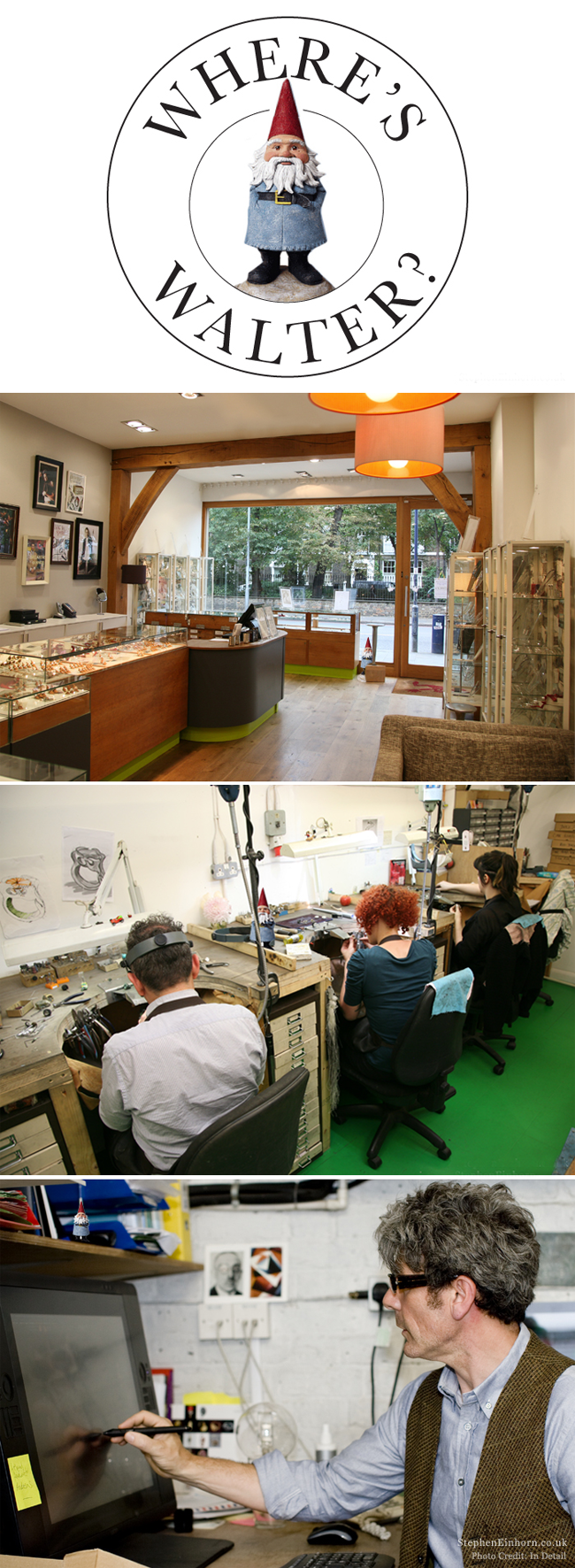 Where's Walter? gnome logo above photos of our London shop, the workshop and a designer drawing
