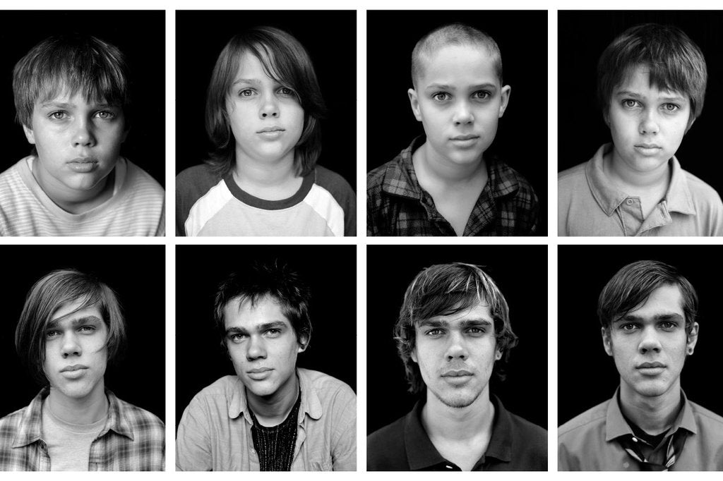 Eight black and white portraits of a boy growing up into a young man, from the film Boyhood