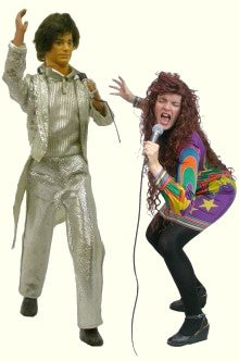 Destinee and Dirk dolls singing: Dirk in a silver suit and Destinee with curly hair and a microphone