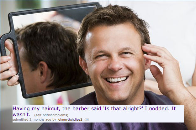 Smiling man holding a hand mirror at the barber, with a caption joke about nodding at a bad haircut