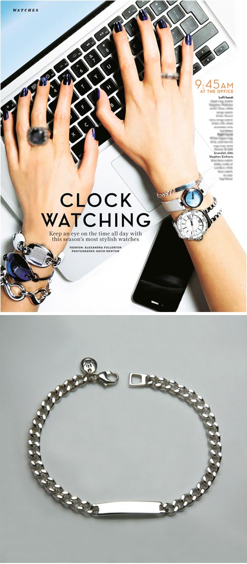 Stylist magazine watch feature beside a silver curb chain ID bracelet with a plain name plate