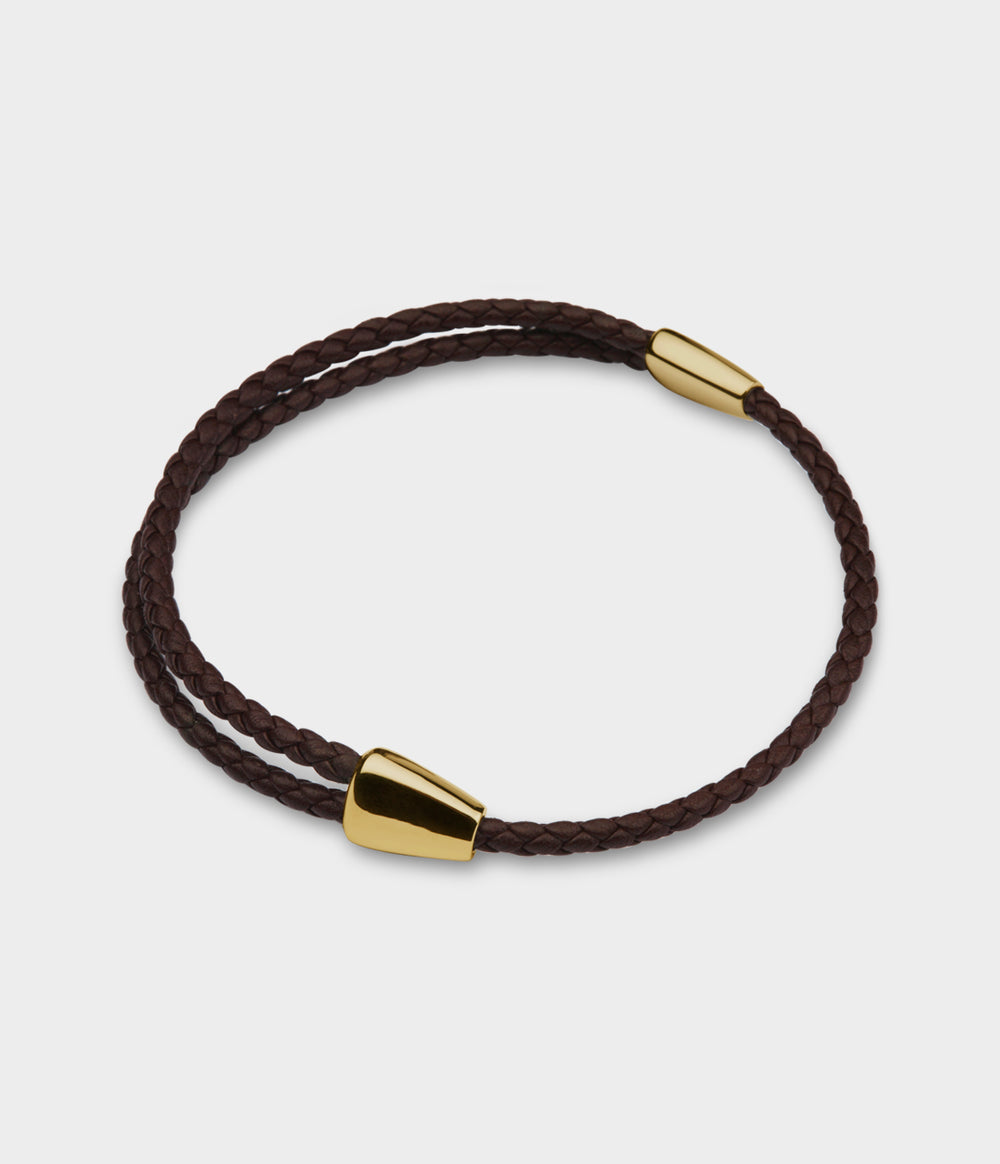 Adjustable Brown Woven Leather Bracelet in 9ct Yellow Gold