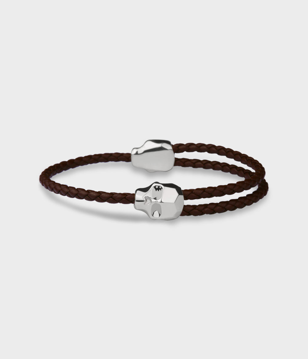 Carved Skull Adjustable Brown Woven Leather Bracelet in Sterling Silver