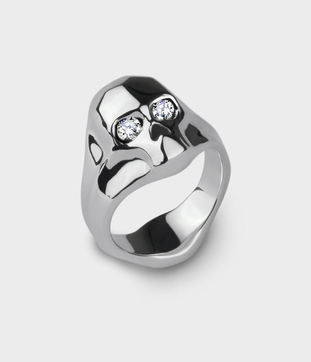 Carved Skull Ring in Silver with Diamonds, Size Q