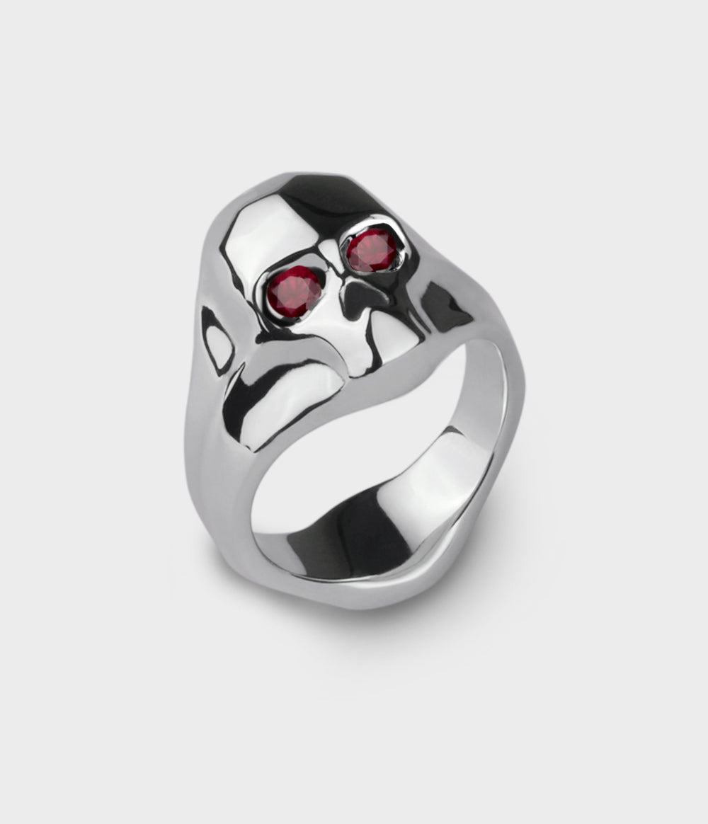 Carved Skull Ring in Silver with Rubies, Size S