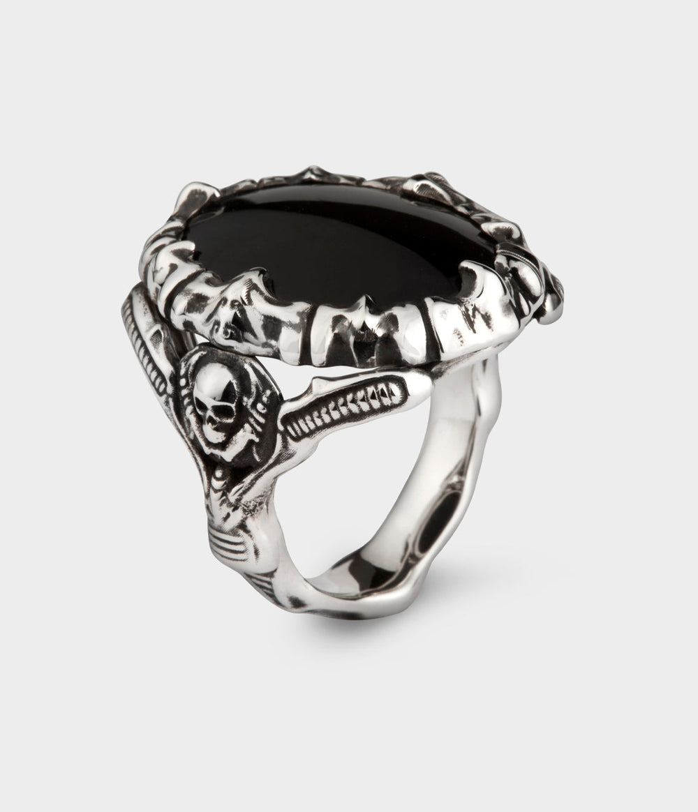 Barbaricus Ring in Sterling Silver with Hand Cut Onyx, Size L - Image 1