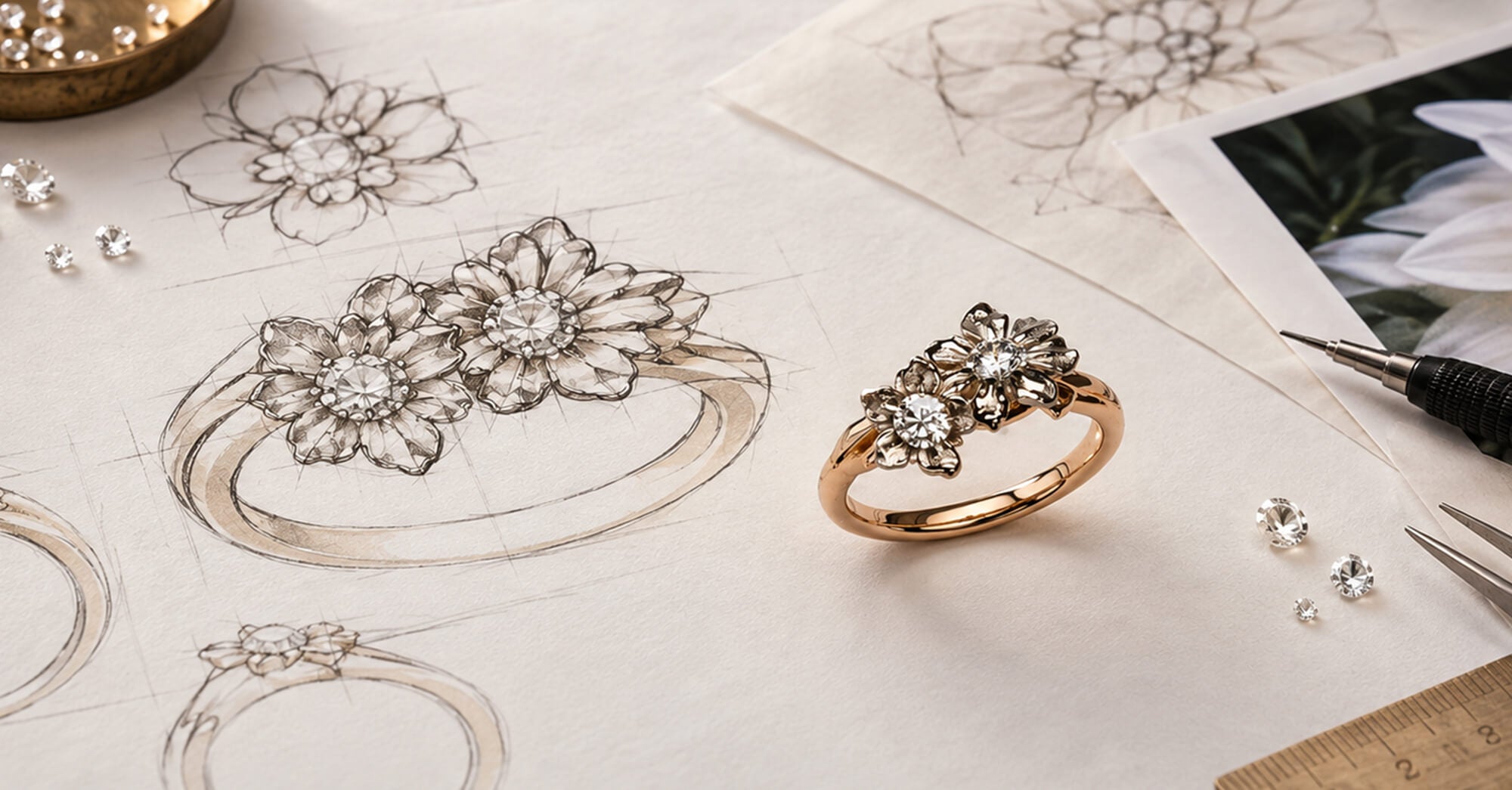Jeweller handcrafting a bespoke emerald and diamond halo ring at Stephen Einhorn's London workshop