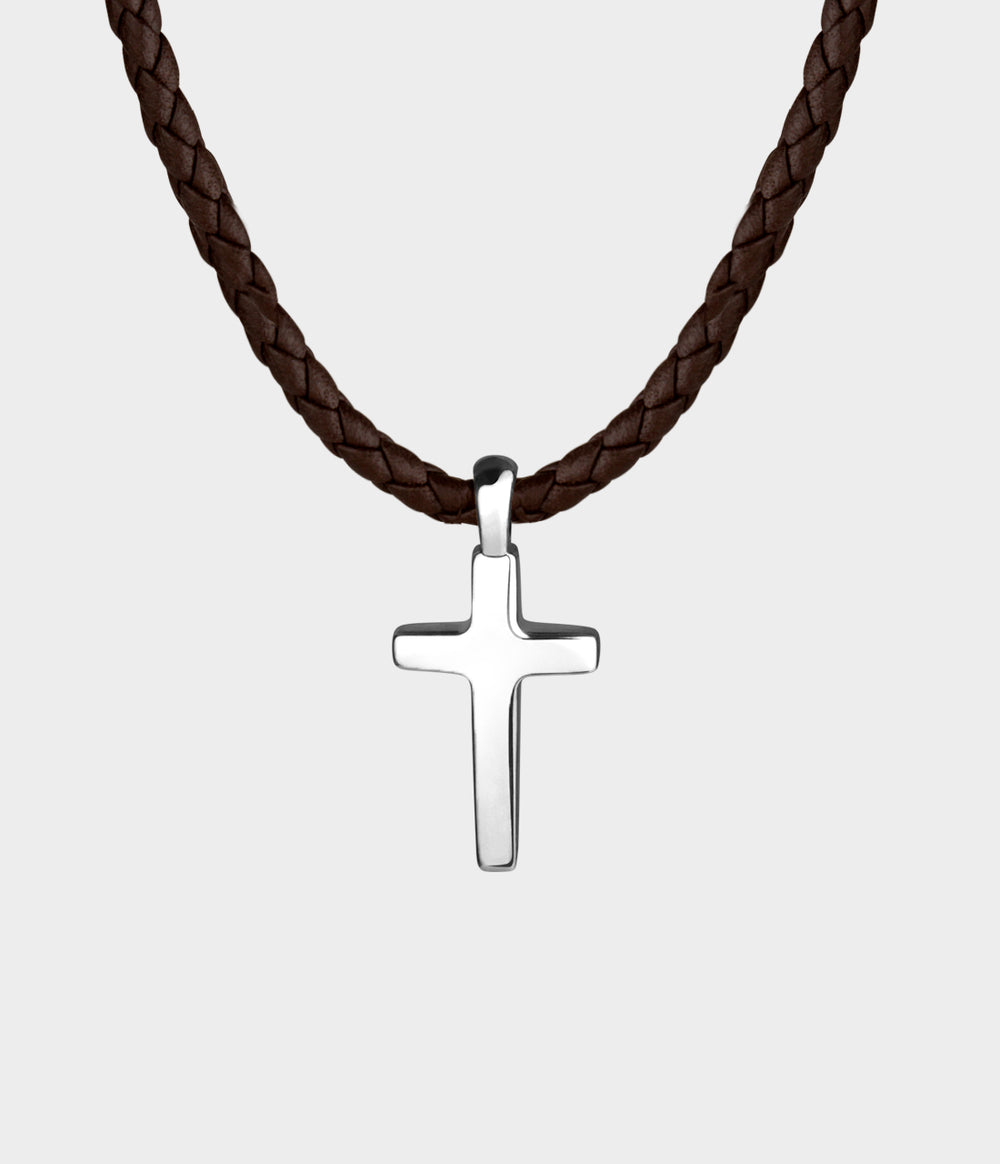Cross Leather Necklace / Silver / Brown Woven Leather