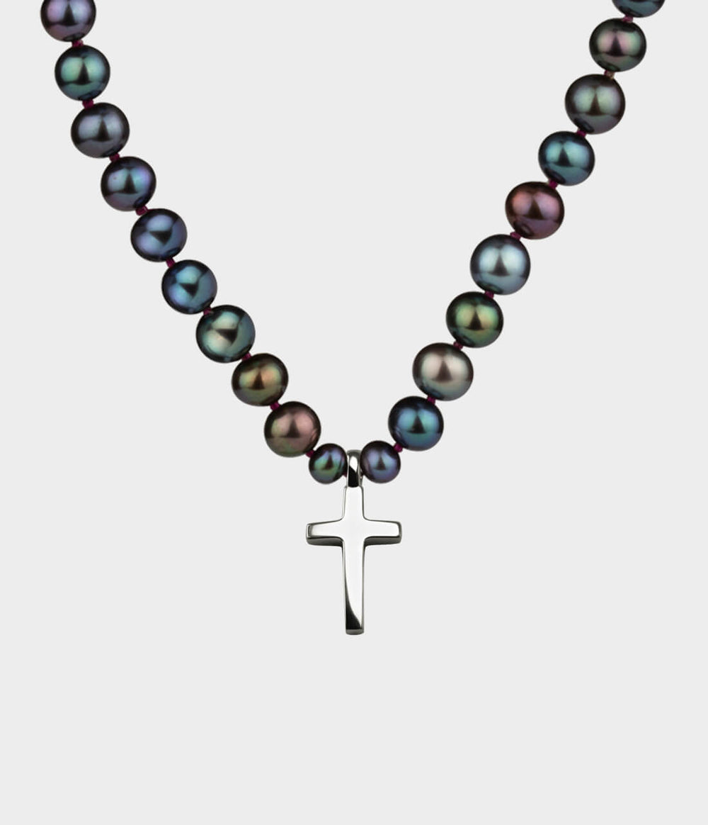 Cross & Pearl Necktie / Sterling Silver / Round Peacock Pearls