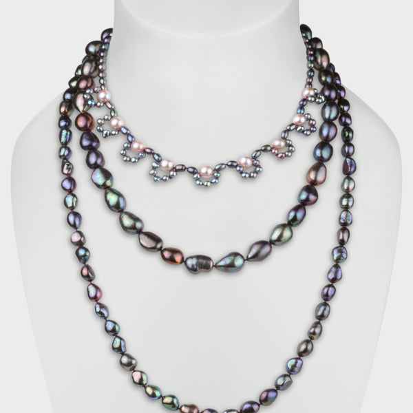 Peacock and pink pearl triple strand necklace from the Coco collection.