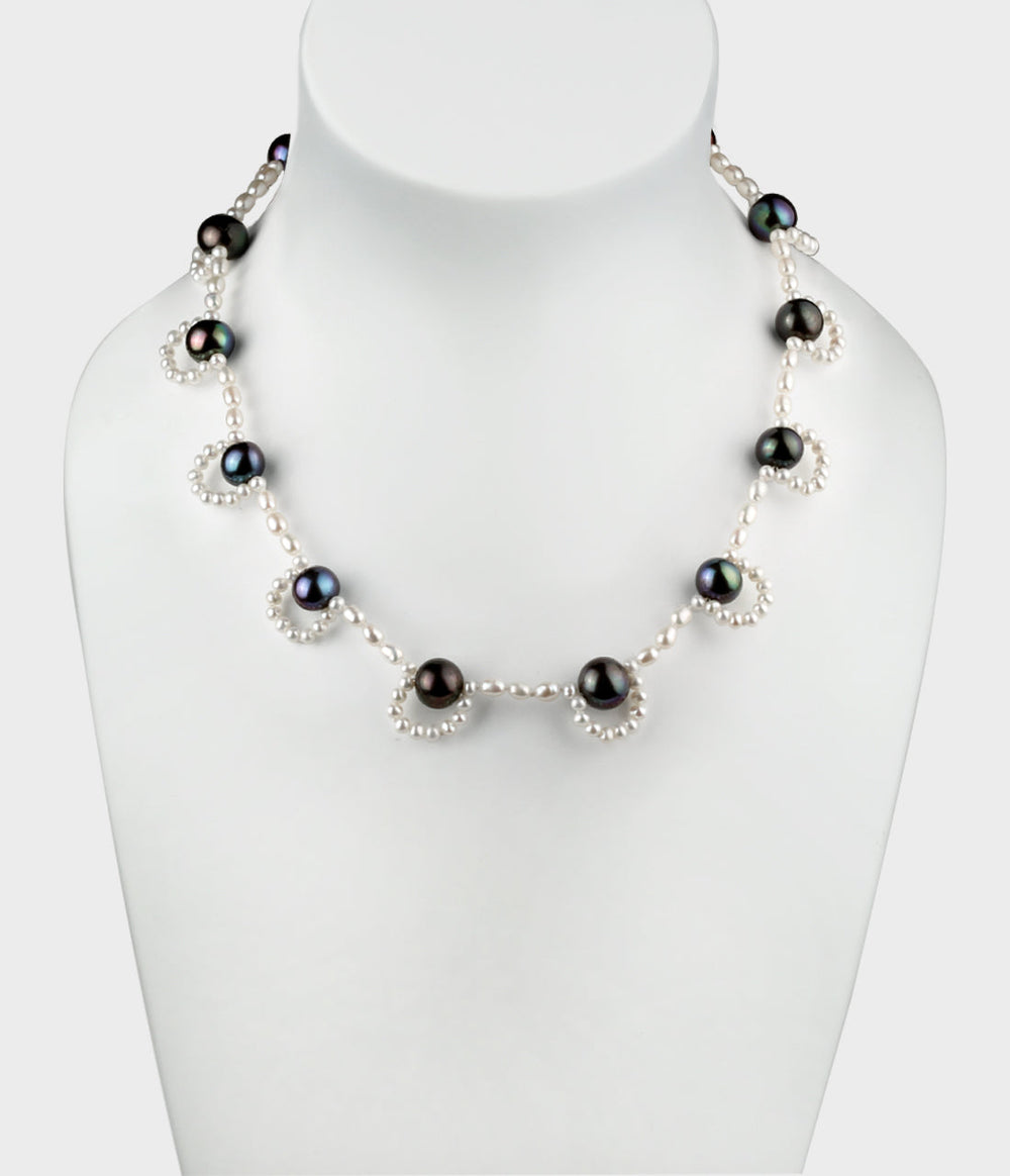 French Lace Pearl Necklace / Sterling Silver / White Pearls with Peacock Pearls