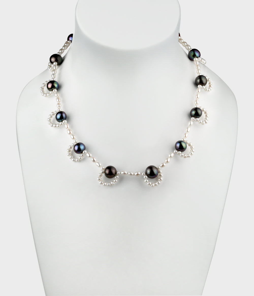 Lace Pearl Necklace in Silver and White & Peacock Pearls