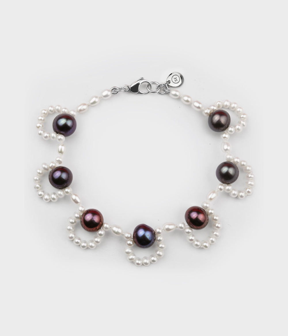 French Lace Pearl Bracelet / Sterling Silver / White Pearls with Peacock Pearls