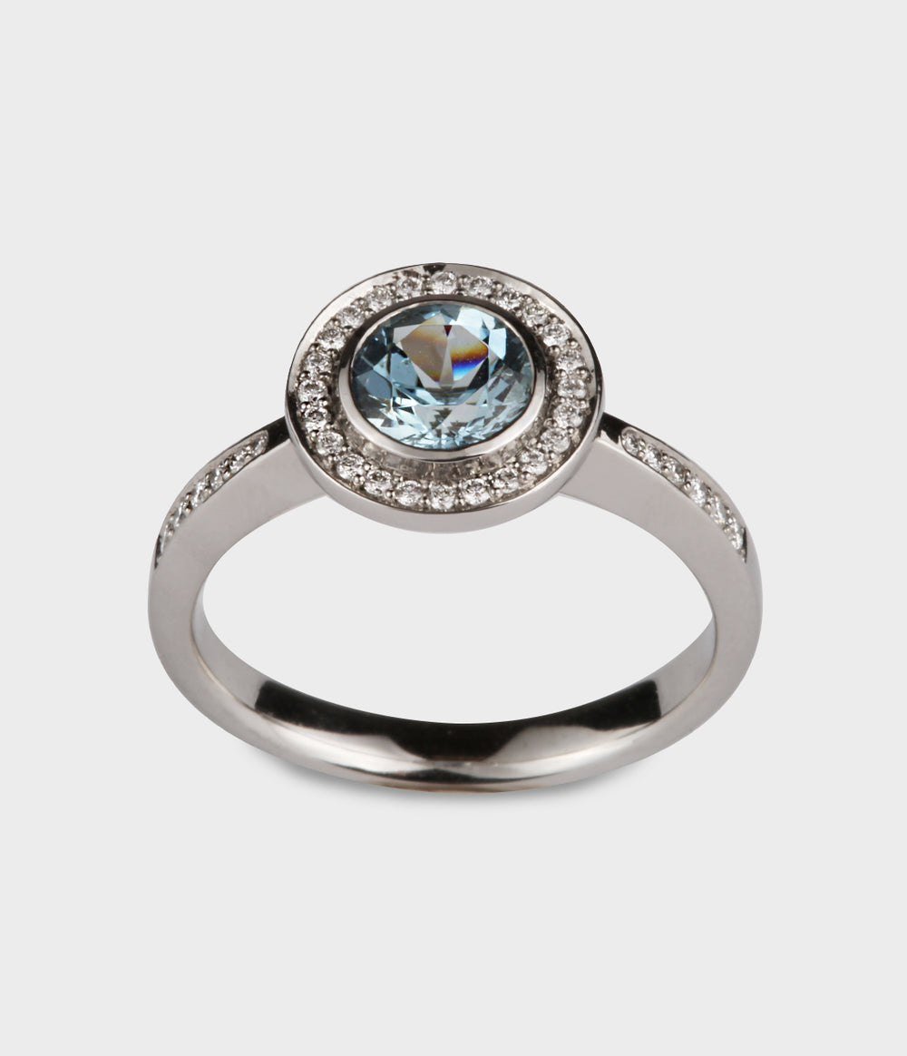 Halo Diamond shoulder with 1ct Aquamarine in Platinum, Size M