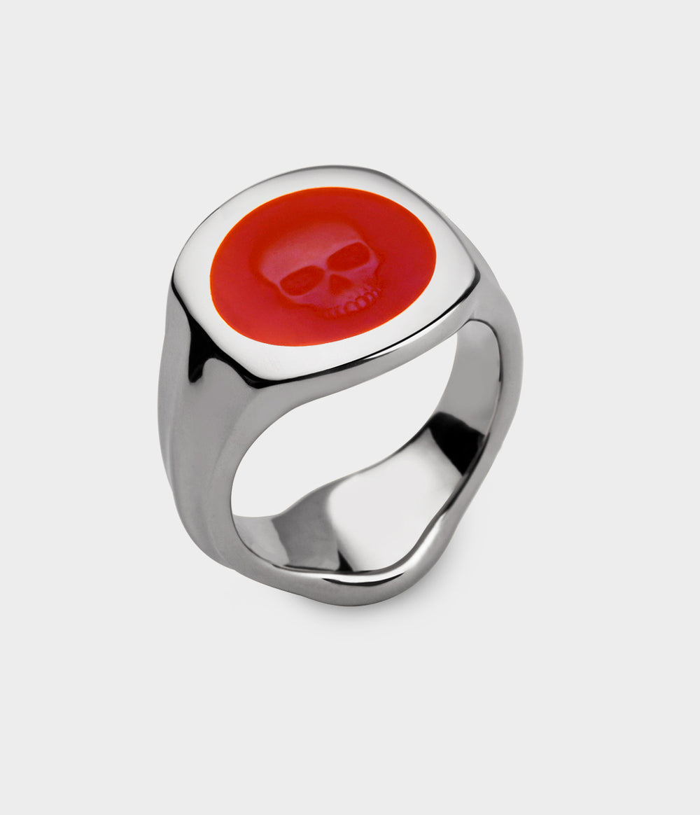 Ghost Skull Enamelled Signet Ring in Silver / Deep Red Enamel / Size I 1/2 / Custom Option - Main View