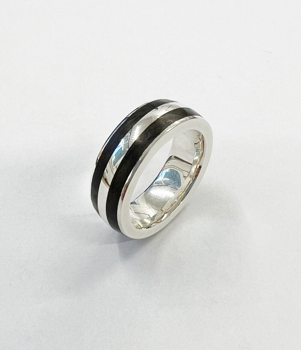 Double Thames Wood Geo Ring in Silver, Size O1/2