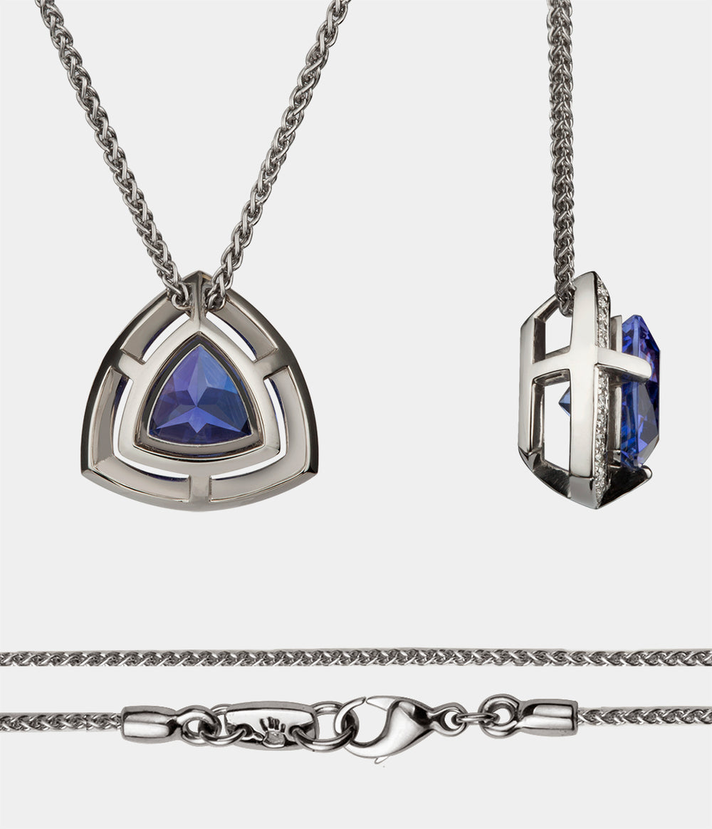 Tsarina Diamond Halo Necklace side and back view with a Trillion shaped Tanzanite central stone with a surrounding halo of diamonds and necklace endings and clasp
