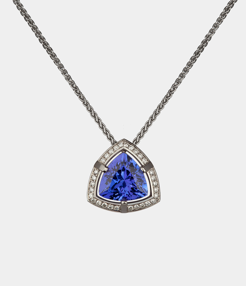 Tsarina Diamond Halo Necklace with Trillion shaped Tanzanite central stone with a surrounding halo of diamonds - front view