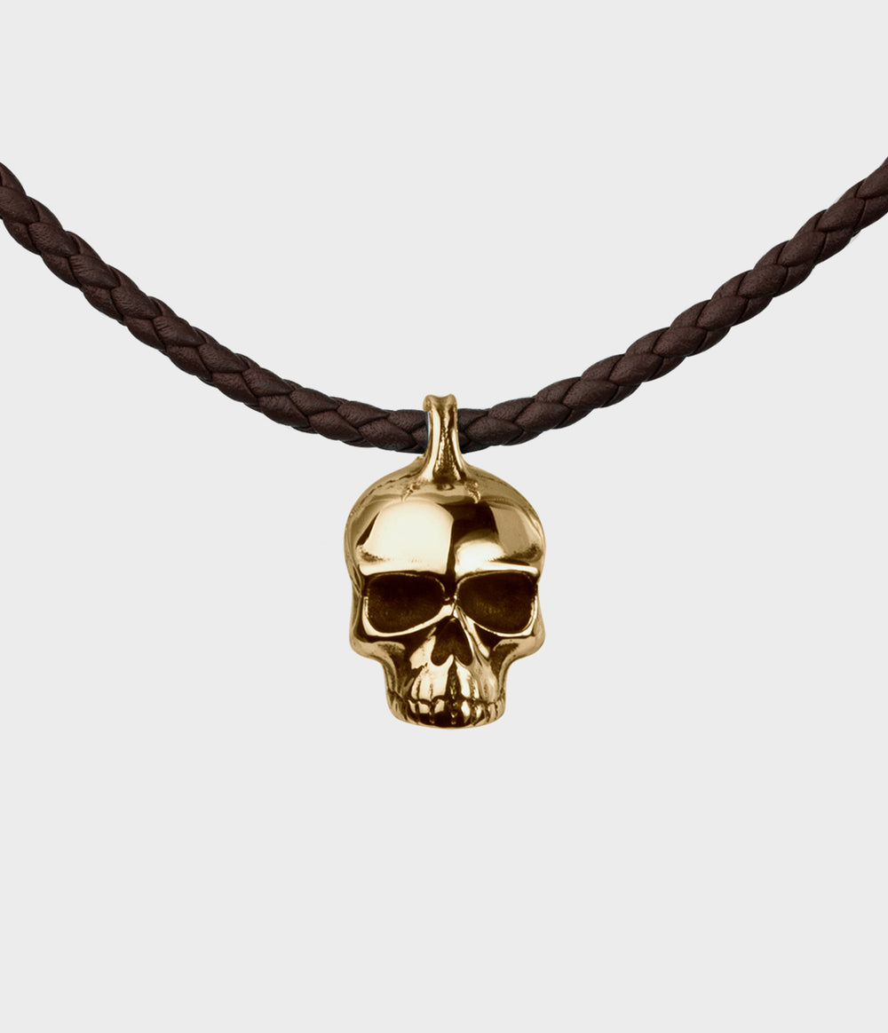 Large Skull Brown Leather Necklace in 9 Carat Yellow Gold