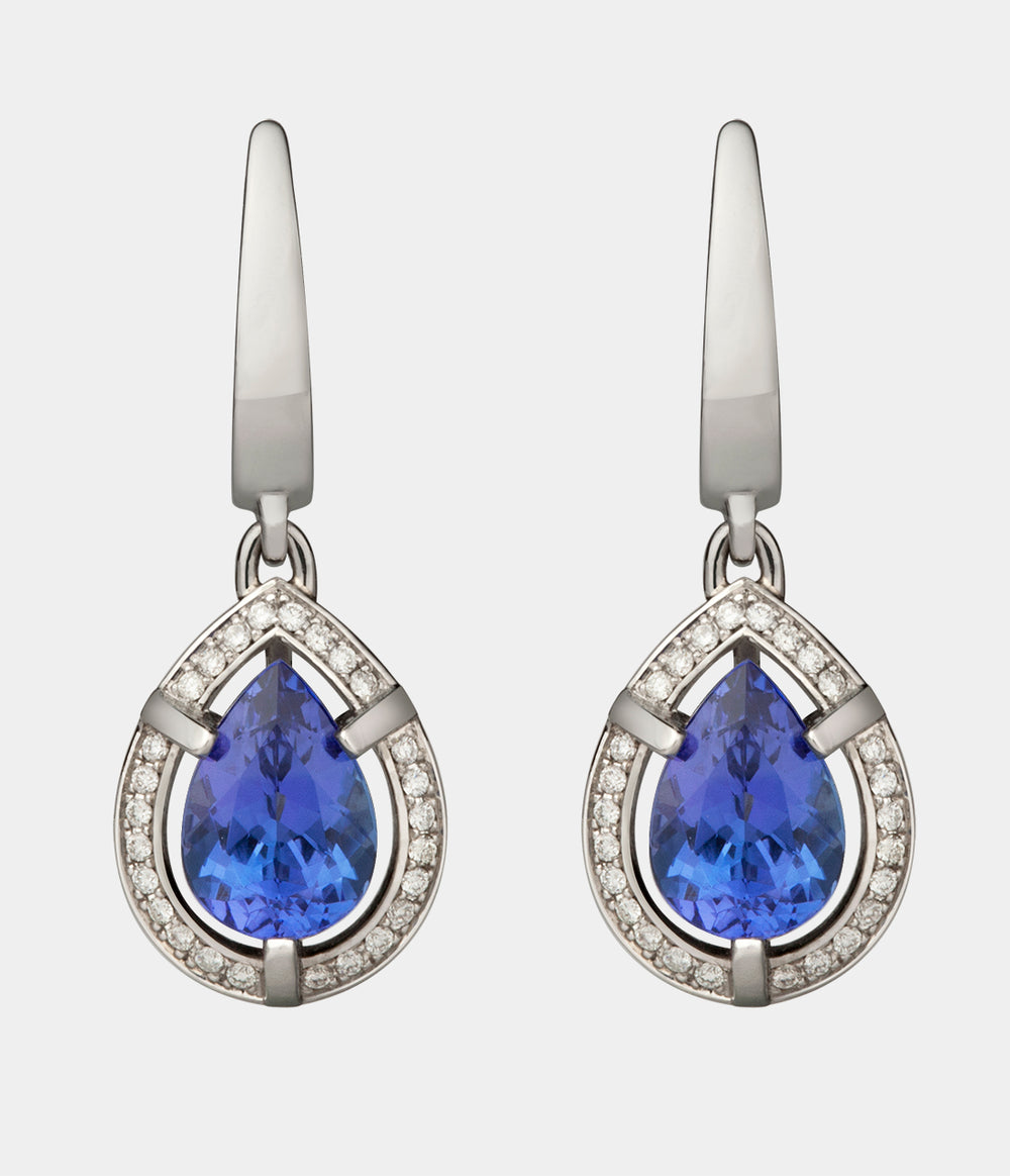 Tsarina Diamond Halo Earrings with Pear shaped Tanzanite central stones with a halo of diamonds - front view