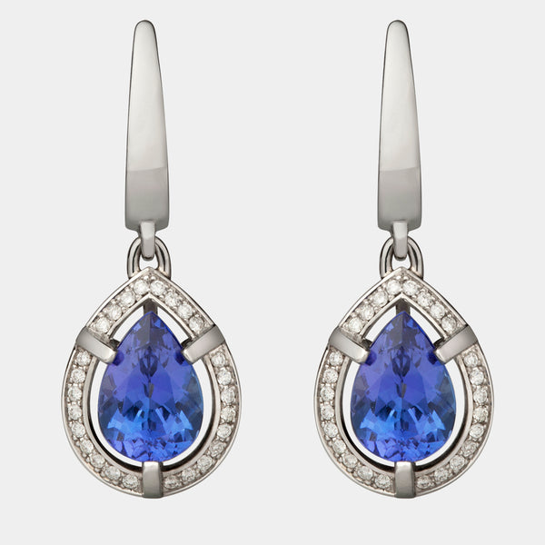 Tsarina Diamond Halo Earrings with Pear shaped Tanzanite central stones with a halo of diamonds - front view