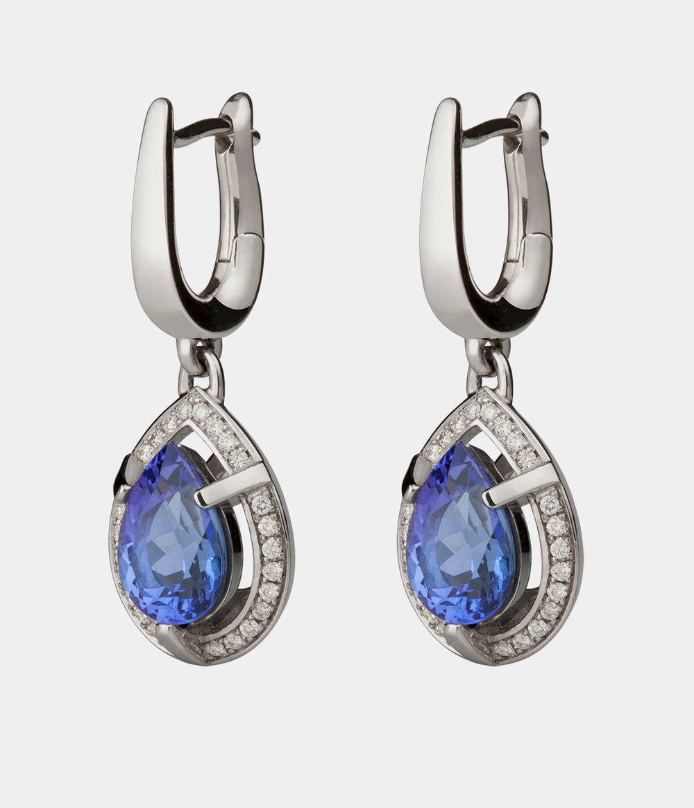 Tsarina Diamond Halo Earrings with Pear shaped Tanzanite central stones with a halo of diamonds - side view