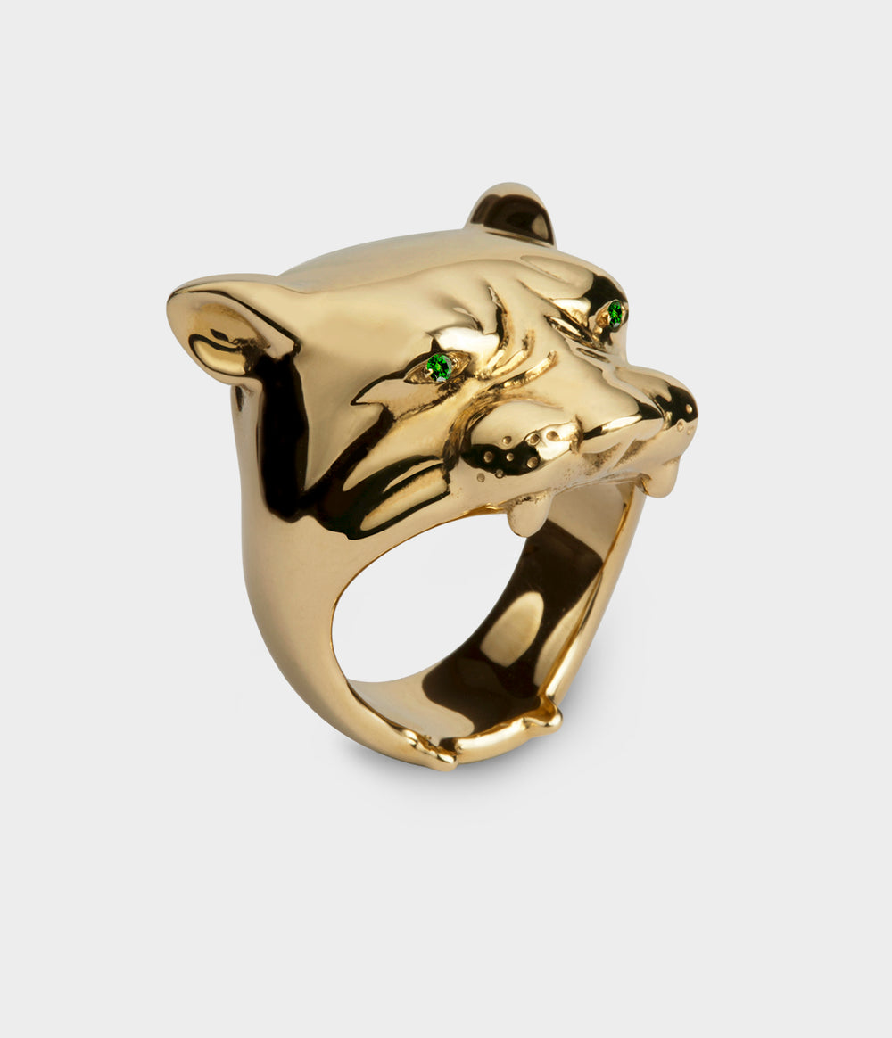 Lioness Ring in 9ct Yellow Gold with Green Tsavorites, Size P