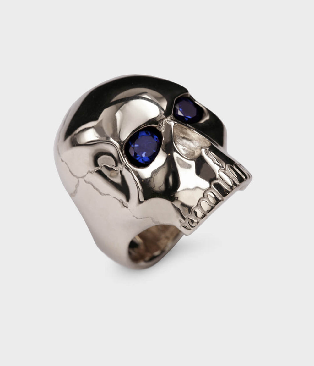 Large Skull Ring in 9ct White Gold with Blue Sapphire, Size N