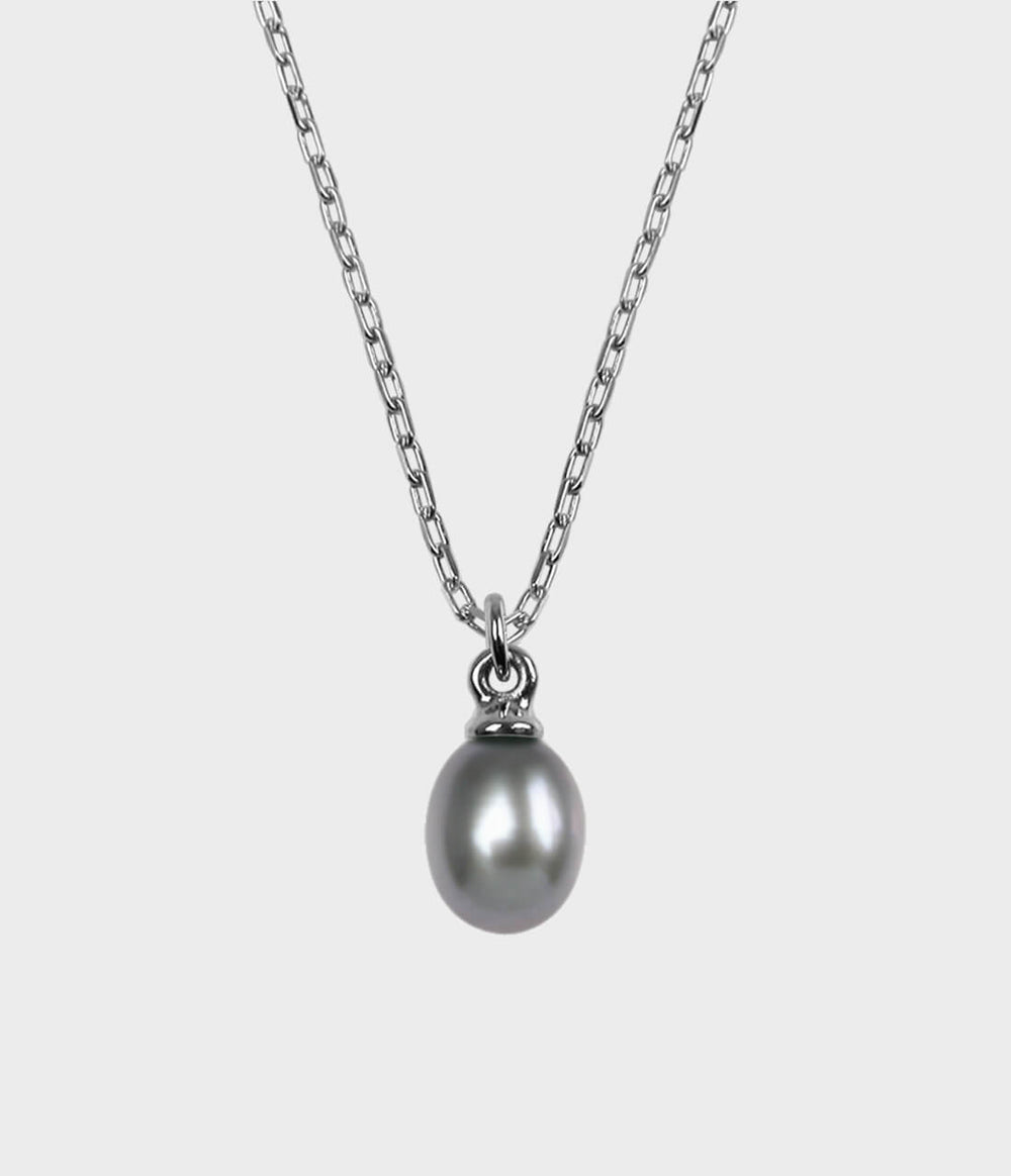 Large Vermeer Pearl Drop Necklace / Sterling Silver / Pear Shaped Grey Pearl