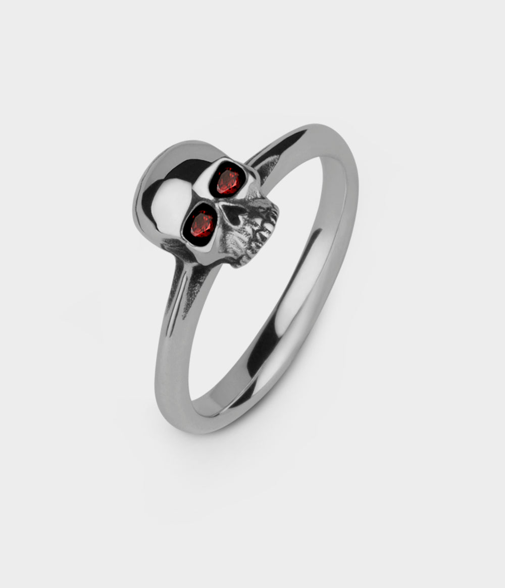 Mini Skull Ring in Silver with Garnets, Size U