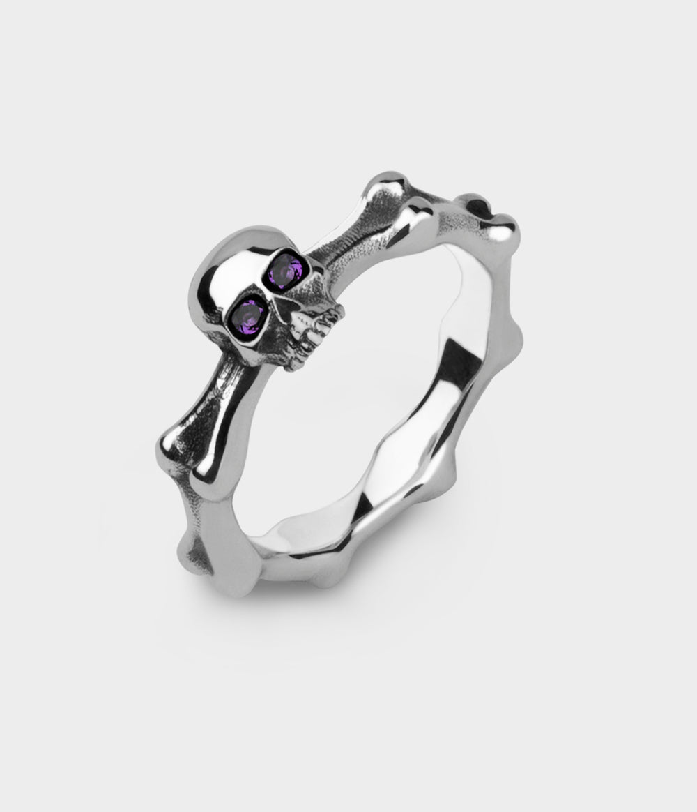 Mini Skull & Bones Ring in Silver with Amethyst, Size K