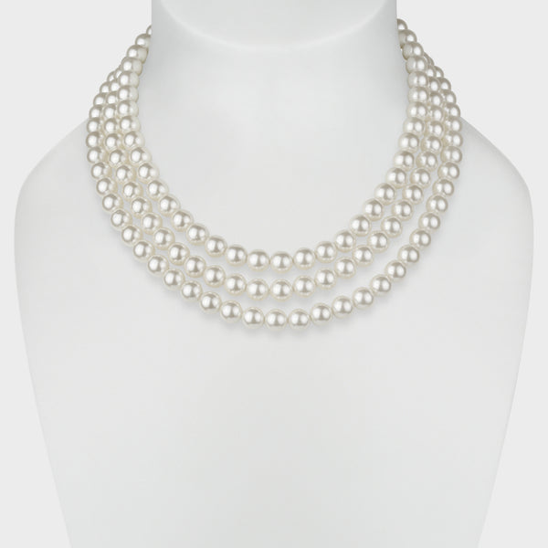 Magnolia Three Strand Necklace in Sterling Silver with White Shell Pearls - Main View