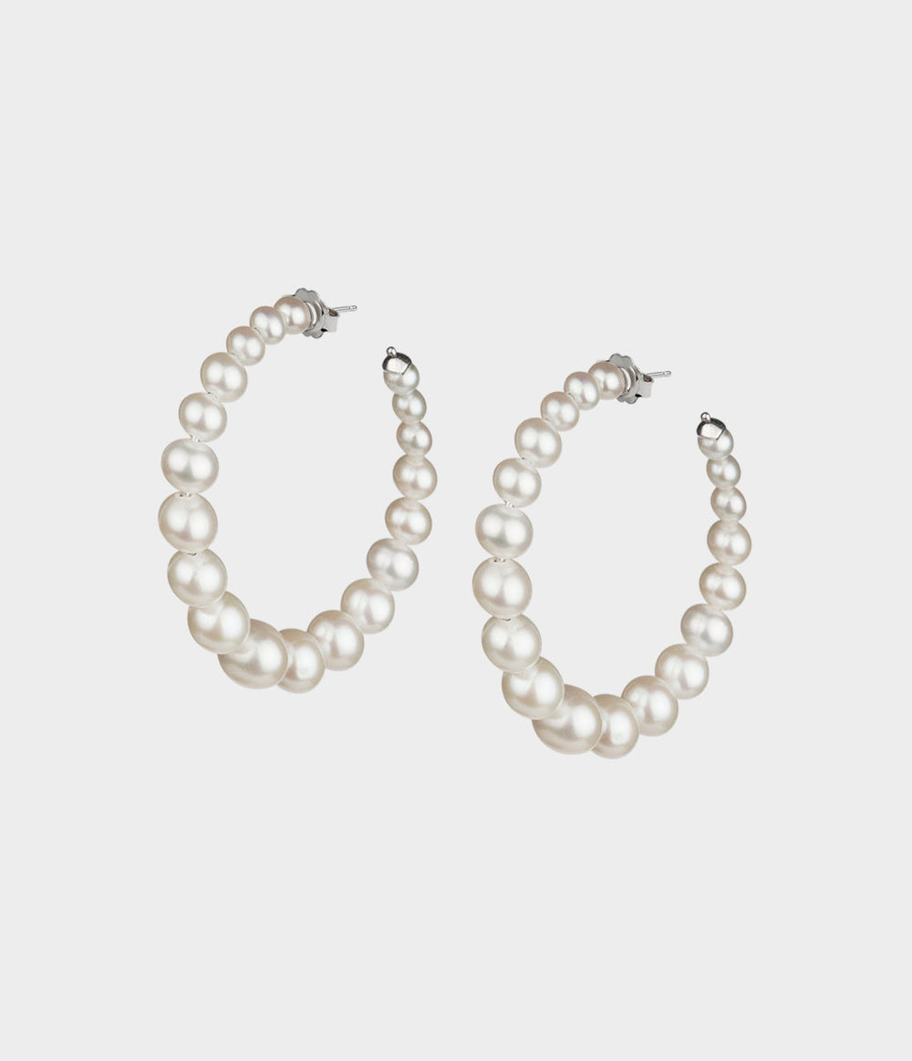 Colette Pearl Hoop Earrings / Sterling Silver / Round White Pearls